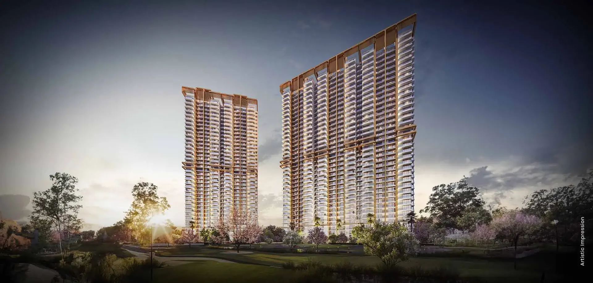 M3M Capital – residential towers rising above landscaped greens at dusk (artist's impression)